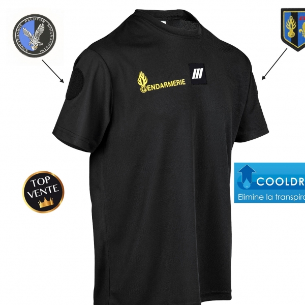 TEE SHIRT GENDARMERIE NOIR COOLDRY ANTI HUMIDITE MAILLE PIQUEE MARQUAGE JAUNE