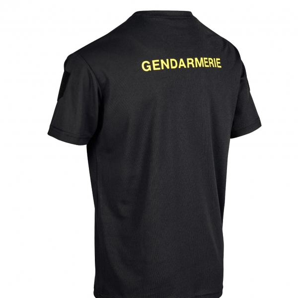 TEE SHIRT GENDARMERIE NOIR COOLDRY ANTI HUMIDITE MAILLE PIQUEE MARQUAGE JAUNE
